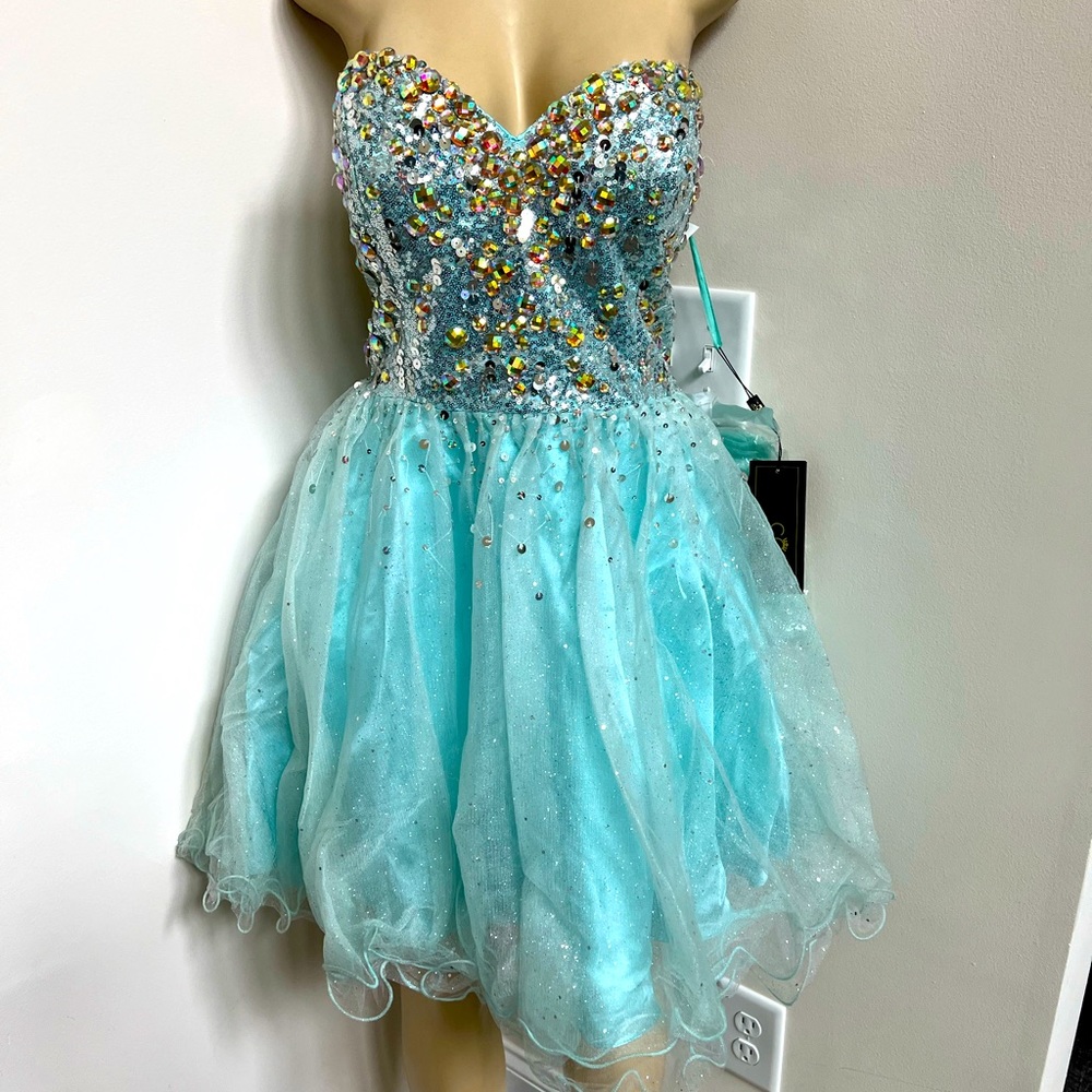 Coya blue jeweled top tulle dress with zipper closure